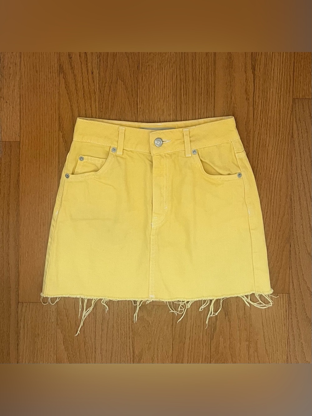 Topshop yellow denim mini skirt with frayed hem size xs